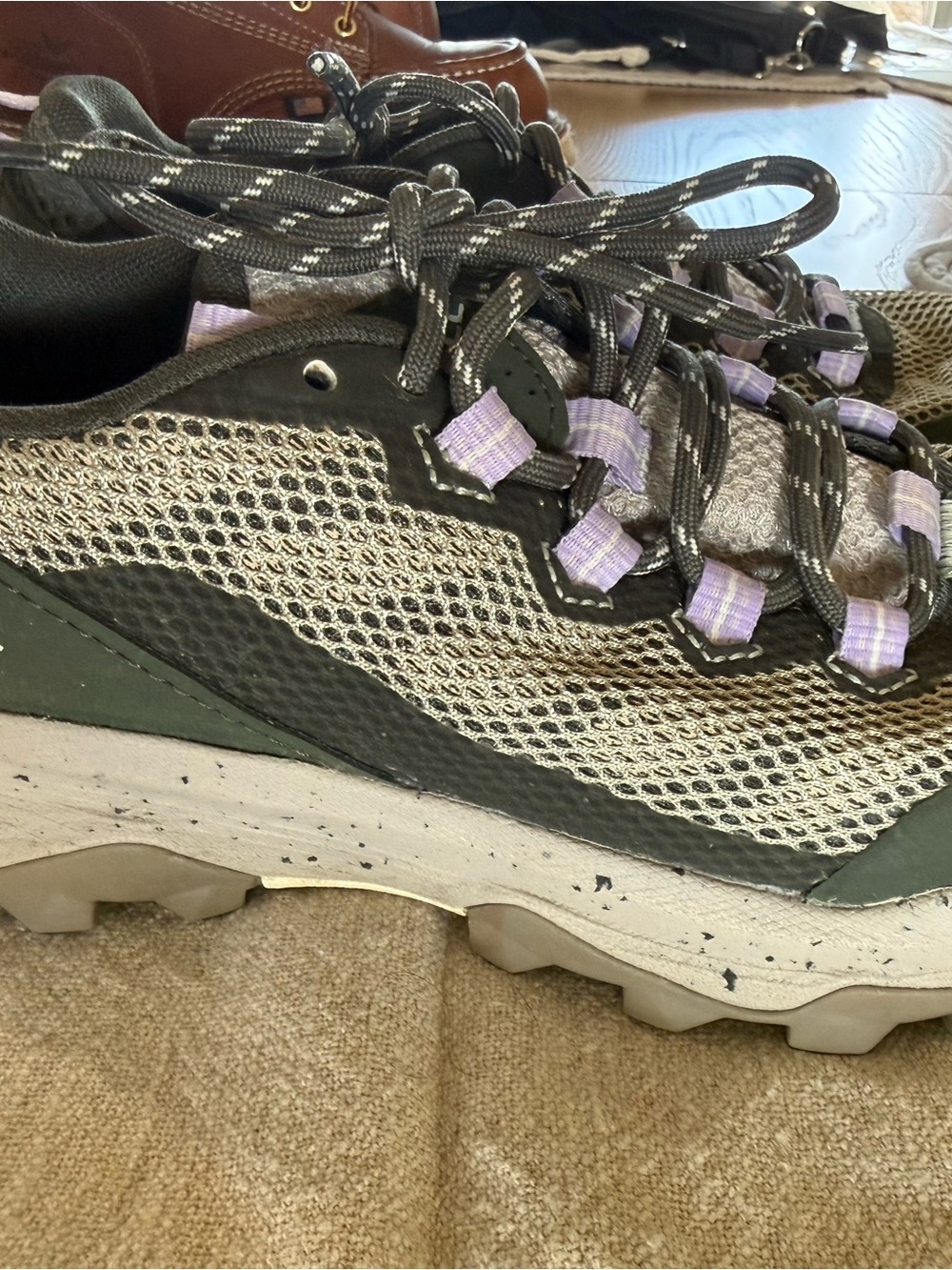 Merrell Olive and Gray Mesh Trail Sneakers with Lavender Accents